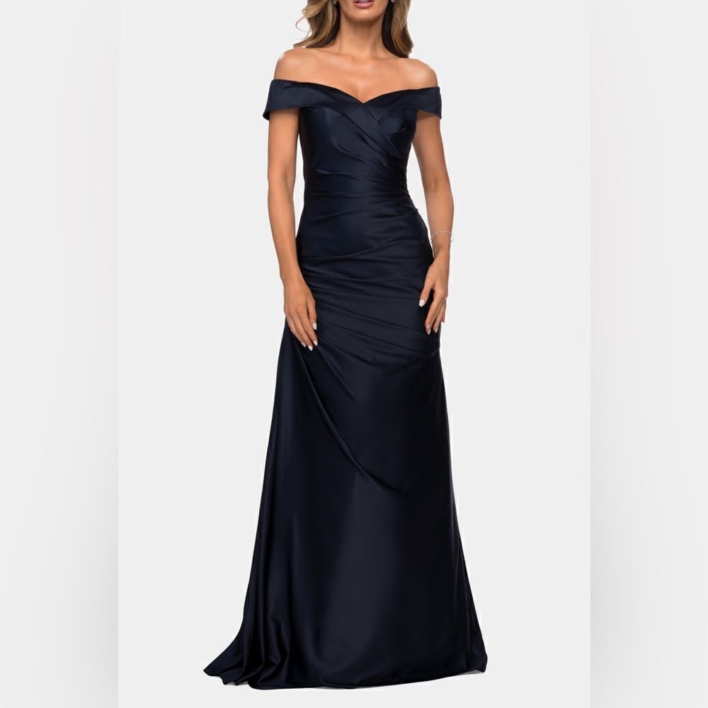 NWT La Femme Navy Blue off the Shoulder Satin evening dress Maxi Dress Women 6